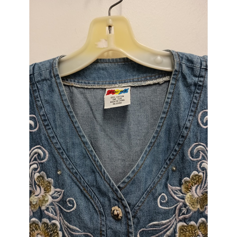 Vintage 90s Focus Denim Jacket Womens One Size Blue Embroidered Sequin Floral - Picture 2 of 9